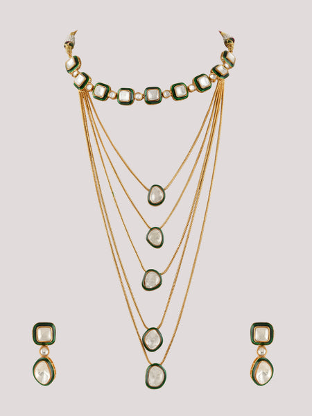 GOLD PLATED GREEN KUNDAN STUDDED NECKLACE SET WITH EARRINGS