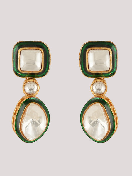 GOLD PLATED GREEN KUNDAN STUDDED NECKLACE SET WITH EARRINGS