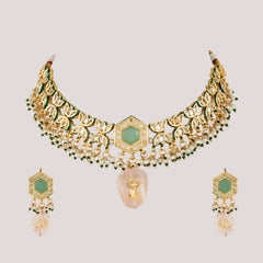 GOLD PLATED ETHNIC KUNDAN MULTI-COLOR CHOKAR SET WITH EARRINGS