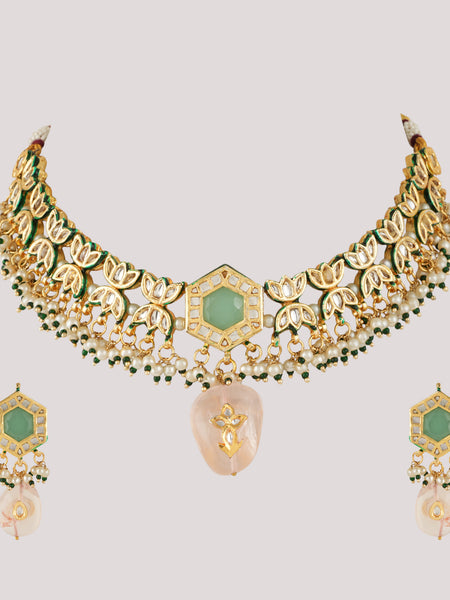 GOLD PLATED ETHNIC KUNDAN MULTI-COLOR CHOKAR SET WITH EARRINGS