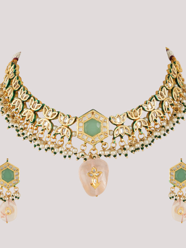 GOLD PLATED ETHNIC KUNDAN MULTI-COLOR CHOKAR SET WITH EARRINGS