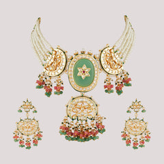 GOLD PLATED MULTI-COLOR ETHNIC CHOKAR SET WITH EARRINGS