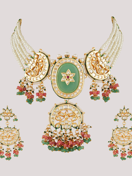 GOLD PLATED MULTI-COLOR ETHNIC CHOKAR SET WITH EARRINGS