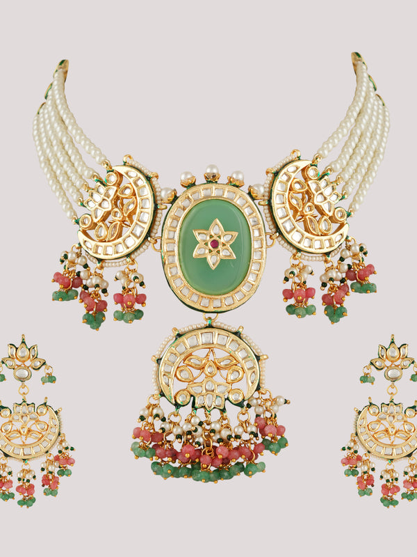 GOLD PLATED MULTI-COLOR ETHNIC CHOKAR SET WITH EARRINGS