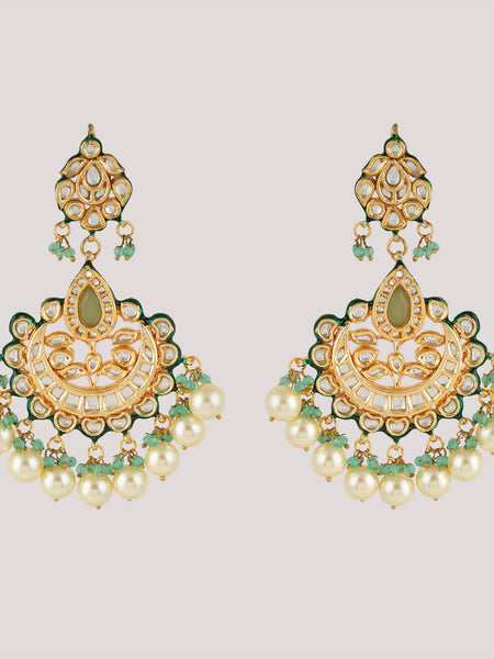 GOLD PLATED ETHNIC CHANDBALI GREEN EARRING SET