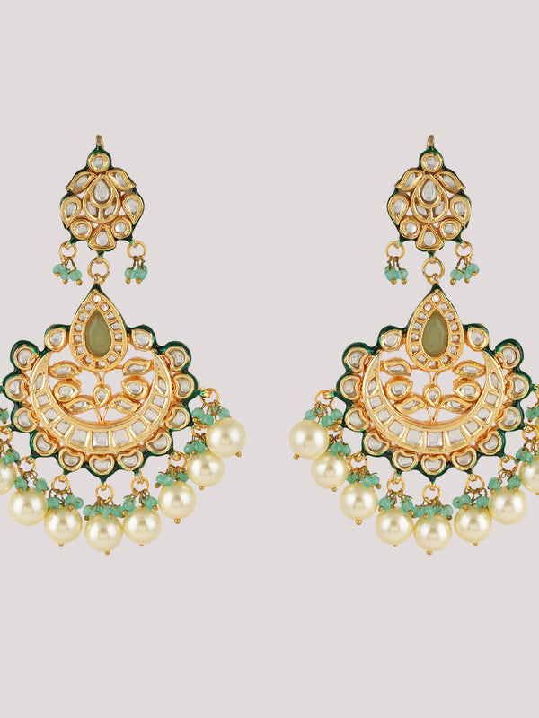 GOLD PLATED ETHNIC CHANDBALI GREEN EARRING SET