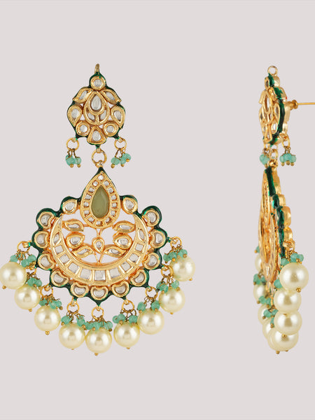 GOLD PLATED ETHNIC CHANDBALI GREEN EARRING SET