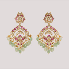 GOLD PLATED ETHNIC PINK & GREEN DANGLER EARRING SET