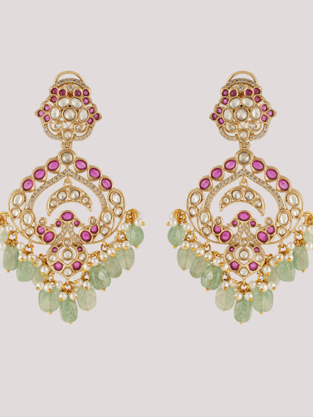 GOLD PLATED ETHNIC PINK & GREEN DANGLER EARRING SET