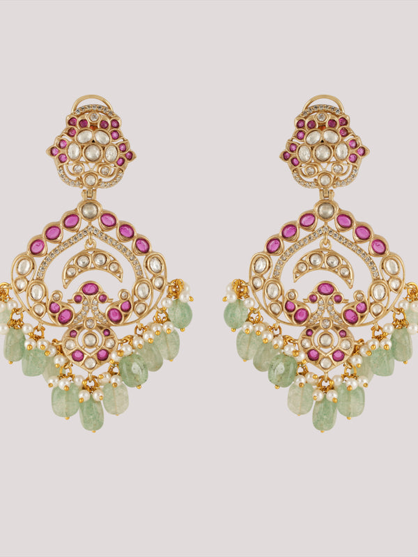 GOLD PLATED ETHNIC PINK & GREEN DANGLER EARRING SET
