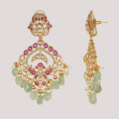 GOLD PLATED ETHNIC PINK & GREEN DANGLER EARRING SET