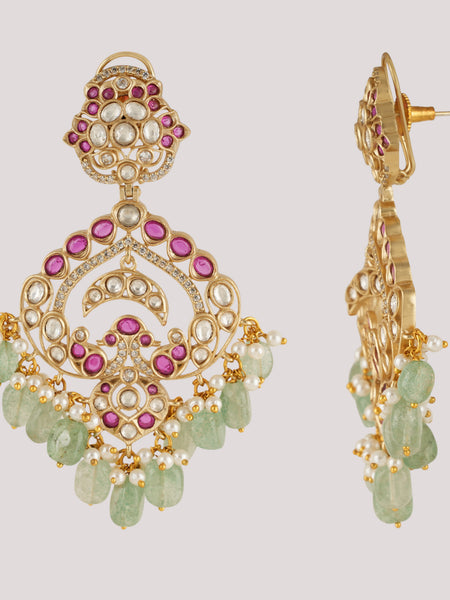 GOLD PLATED ETHNIC PINK & GREEN DANGLER EARRING SET