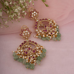 GOLD PLATED ETHNIC PINK & GREEN DANGLER EARRING SET