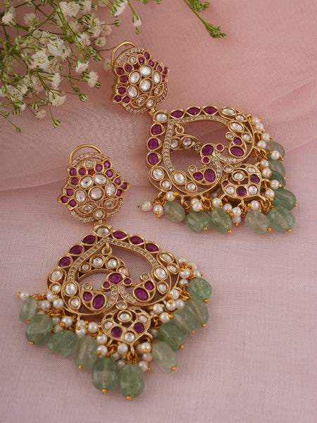 GOLD PLATED ETHNIC PINK & GREEN DANGLER EARRING SET