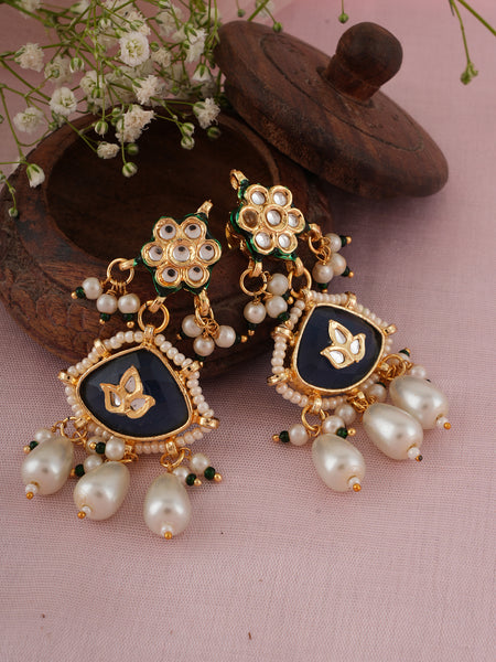 GOLD PLATED ETHNIC DARK BLUE DANGLER EARRING SET