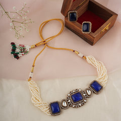 GOLD PLATED KUNDAN & BLUE EMERALD STUDDED CHOKAR WITH EARRINGS