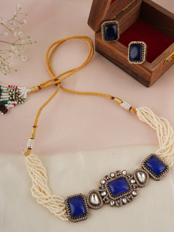 GOLD PLATED KUNDAN & BLUE EMERALD STUDDED CHOKAR WITH EARRINGS