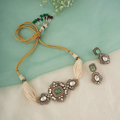 GOLD PLATED KUNDAN & GREEN EMERALD STUDDED CHOKAR WITH EARRINGS