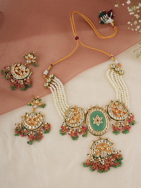 GOLD PLATED MULTI-COLOR ETHNIC CHOKAR SET WITH EARRINGS