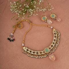 GOLD PLATED ETHNIC KUNDAN MULTI-COLOR CHOKAR SET WITH EARRINGS