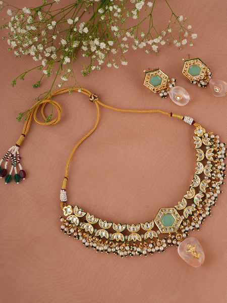 GOLD PLATED ETHNIC KUNDAN MULTI-COLOR CHOKAR SET WITH EARRINGS