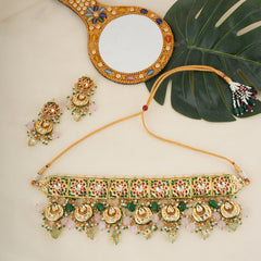 GOLD PLATED MULTI-COLOR ETHNIC CHOKAR SET WITH EARRINGS