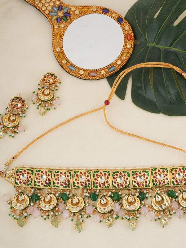 GOLD PLATED MULTI-COLOR ETHNIC CHOKAR SET WITH EARRINGS