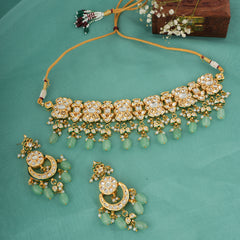 GOLD PLATED ETHNIC KUNDAN STUDDED GREEN CHOKAR SET WITH EARINGS