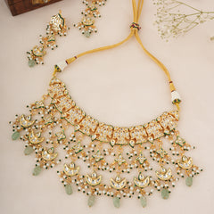 GOLD PLATED GREEN ETHNIC NECKLACE SET WITH EARINGS