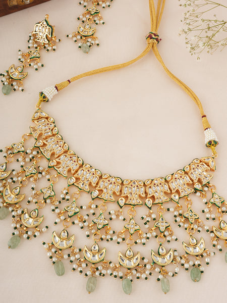 GOLD PLATED GREEN ETHNIC NECKLACE SET WITH EARINGS