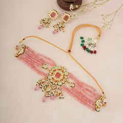 GOLD PLATED CHOKAR & EARRINGS EMBEDDED WITH PINK STONES