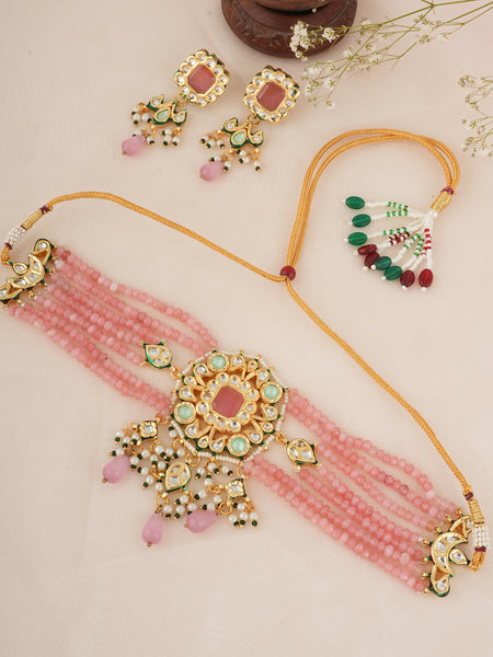 GOLD PLATED CHOKAR & EARRINGS EMBEDDED WITH PINK STONES