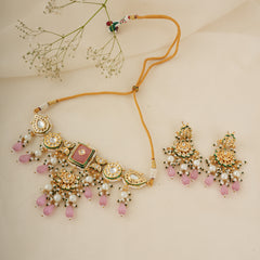 GOLD PLATED KUNDAN CHOKAR & EARRINGS WITH STUDDED PINK STONES