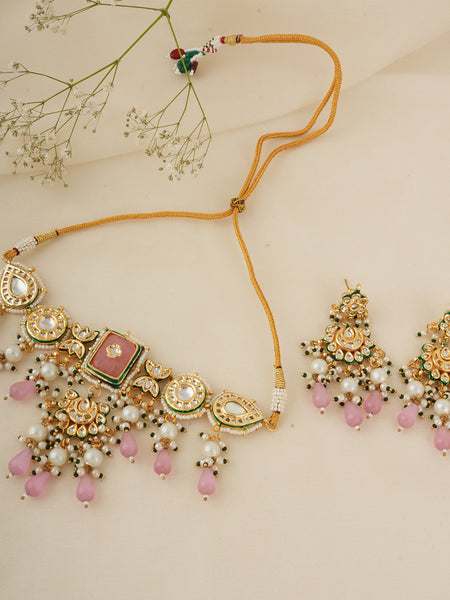 GOLD PLATED KUNDAN CHOKAR & EARRINGS WITH STUDDED PINK STONES