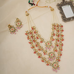 GOLD PLATED KUNDAN POLKI LONG NECKLACE & EARRINGS WITH STUDDED PINK STONES