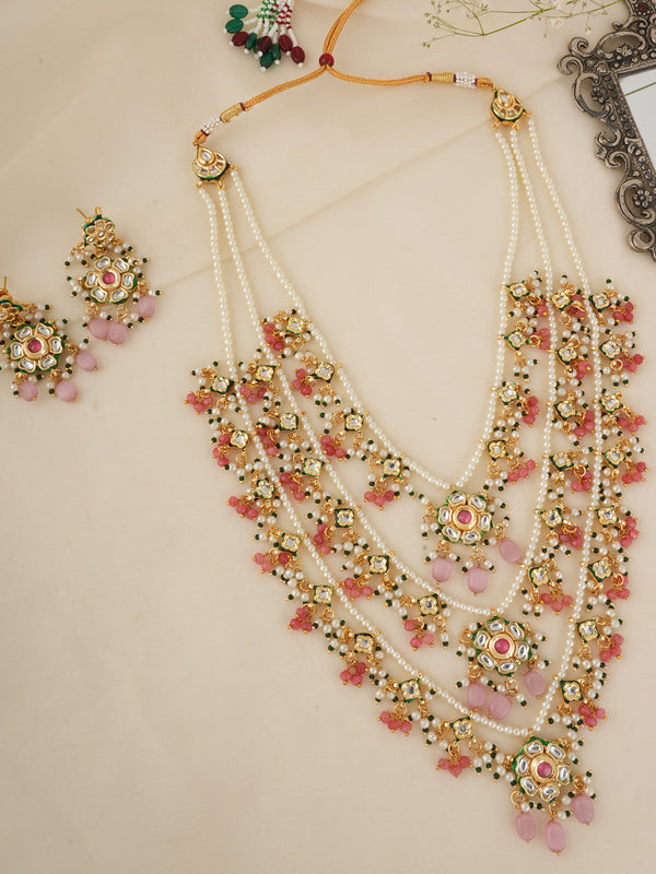 GOLD PLATED KUNDAN POLKI LONG NECKLACE & EARRINGS WITH STUDDED PINK STONES