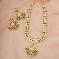 GOLD PLATED KUNDAN POLKI GREEN LONG NECKLACE & EARRINGS