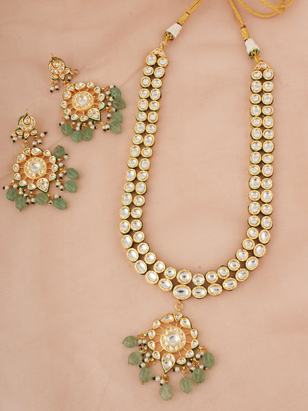 GOLD PLATED KUNDAN POLKI GREEN LONG NECKLACE & EARRINGS