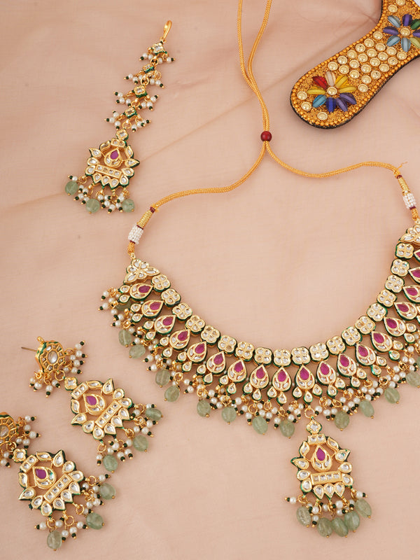GOLD PLATED GREEN STONE NECKLACE SET WITH EARINGS & MANG TIKKA