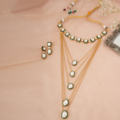 GOLD PLATED GREEN KUNDAN STUDDED NECKLACE SET WITH EARRINGS
