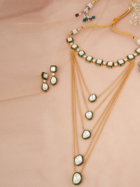 GOLD PLATED GREEN KUNDAN STUDDED NECKLACE SET WITH EARRINGS