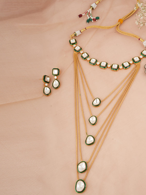 GOLD PLATED GREEN KUNDAN STUDDED NECKLACE SET WITH EARRINGS