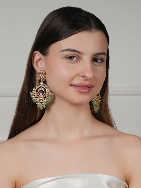GOLD PLATED ETHNIC PINK & GREEN DANGLER EARRING SET