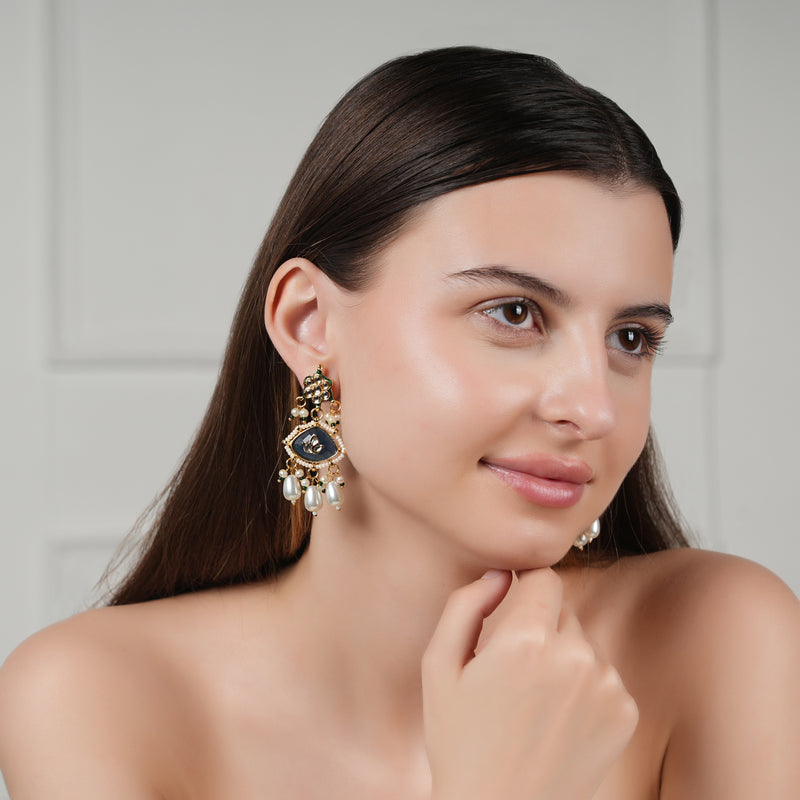 GOLD PLATED ETHNIC DARK BLUE DANGLER EARRING SET