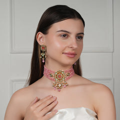 GOLD PLATED CHOKAR & EARRINGS EMBEDDED WITH PINK STONES