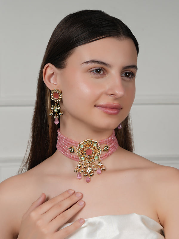 GOLD PLATED CHOKAR & EARRINGS EMBEDDED WITH PINK STONES