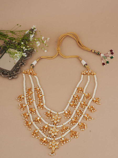 Gold Finish Long Necklace With Pearls