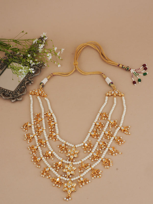 Gold Finish Long Necklace With Pearls