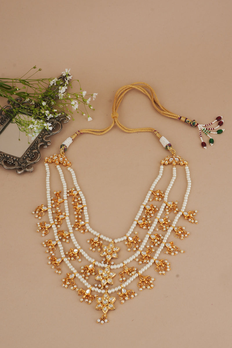 Gold Finish Long Necklace With Pearls