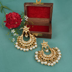 Gold Finish Chandbaali Earrings with White Pearls